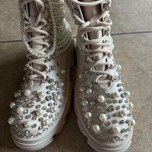 Azalea Wang, Twinkley Pearl and Rhinestone Embellished Combat Boots SZ Various